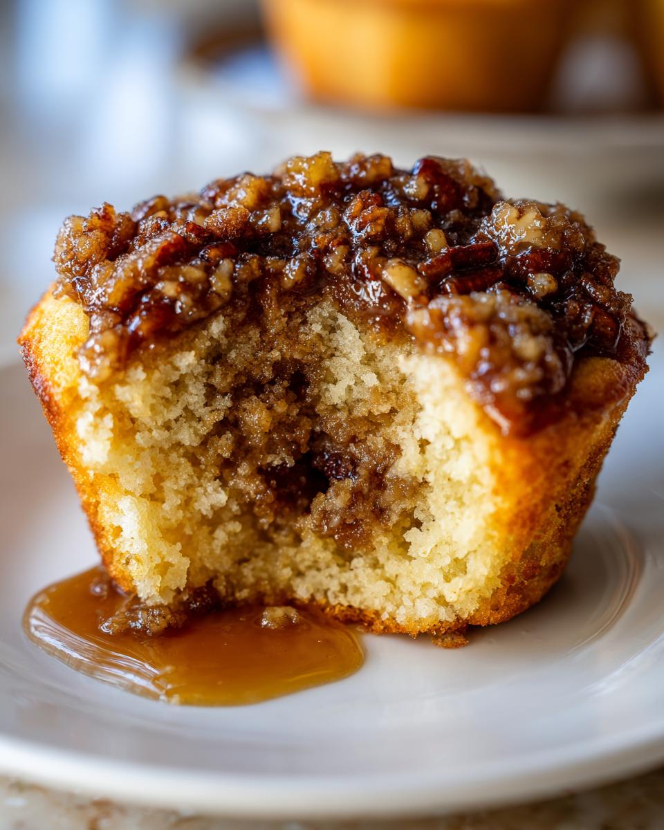 Close-up of a pecan pie muffin with a bite removed, showing the gooey filling and caramel sauce dripping onto a white plate.