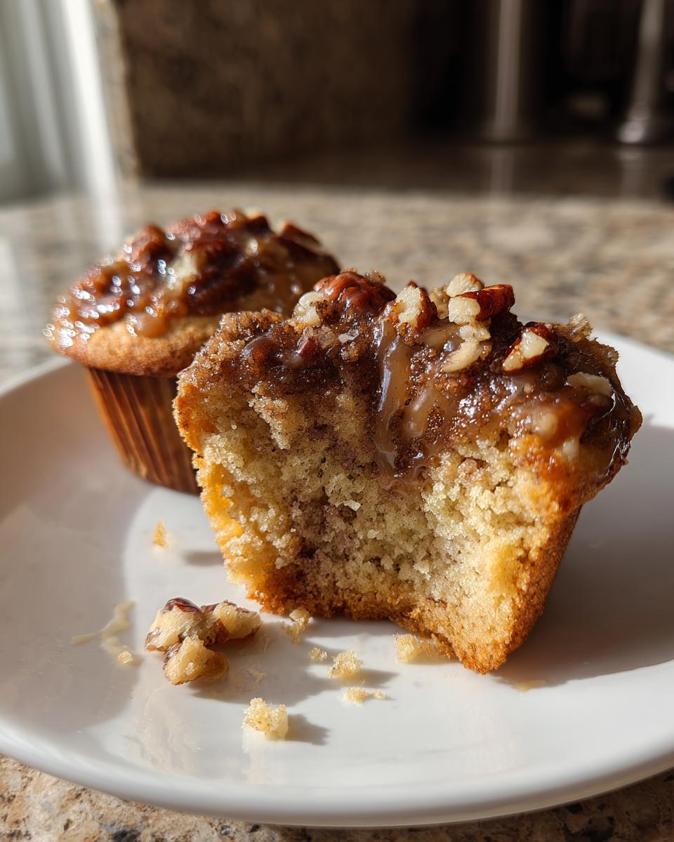 Close-up of a pecan pie muffin with a bite taken out, showing the moist interior and gooey pecan topping.