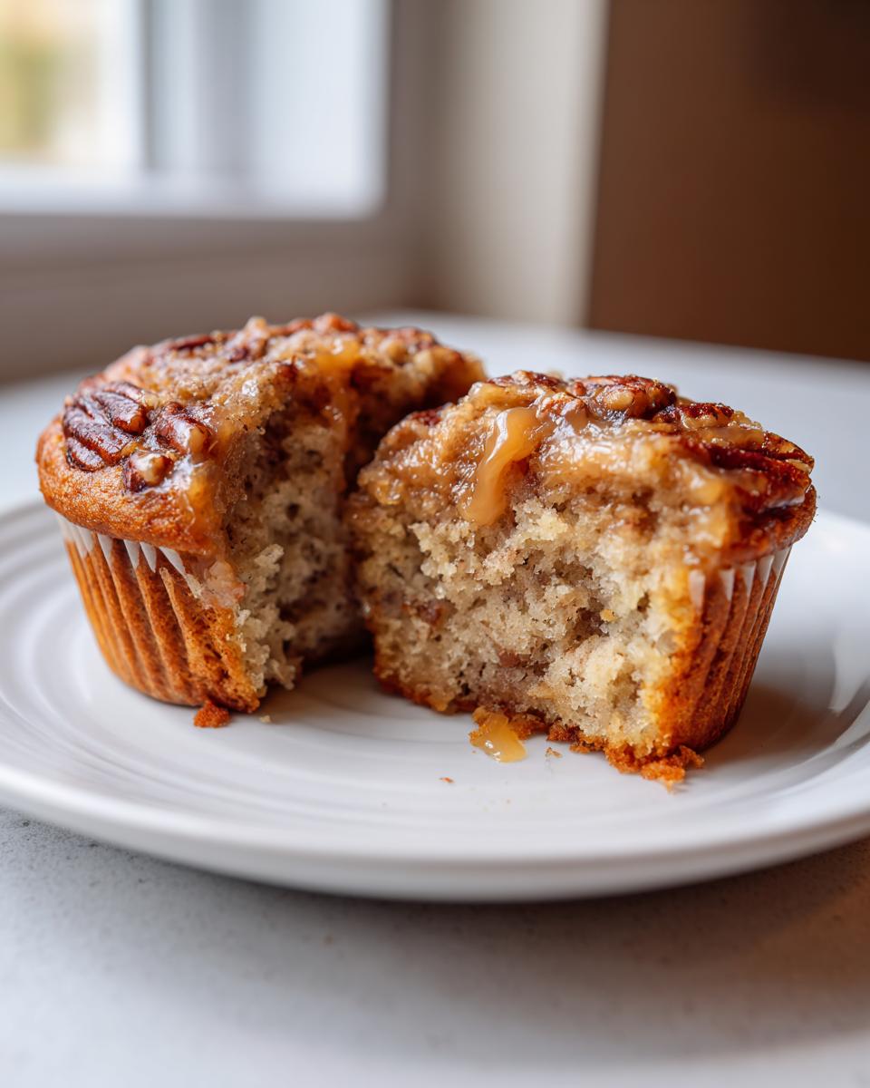 A gooey pecan pie muffin cut in half showing the moist interior and caramel topping.