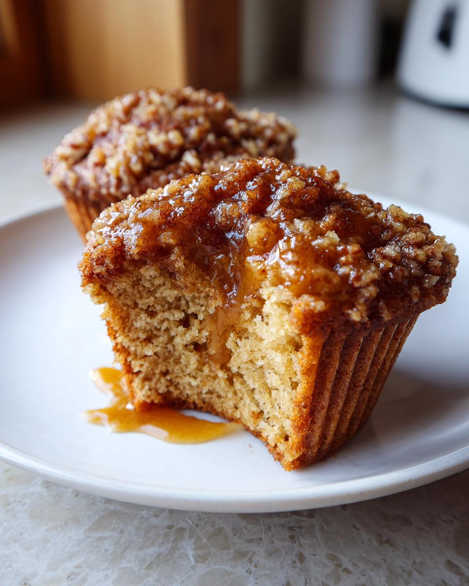 Close-up of a pecan pie muffin cut in half showing a gooey center and pecan topping.