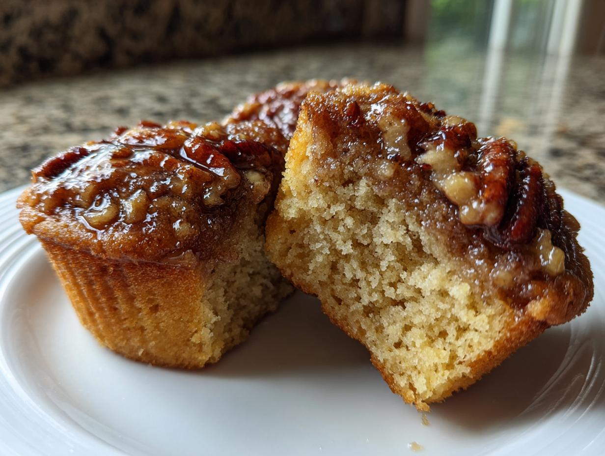 Two halves of a gooey pecan pie muffin showing the moist crumb and sticky pecan topping.