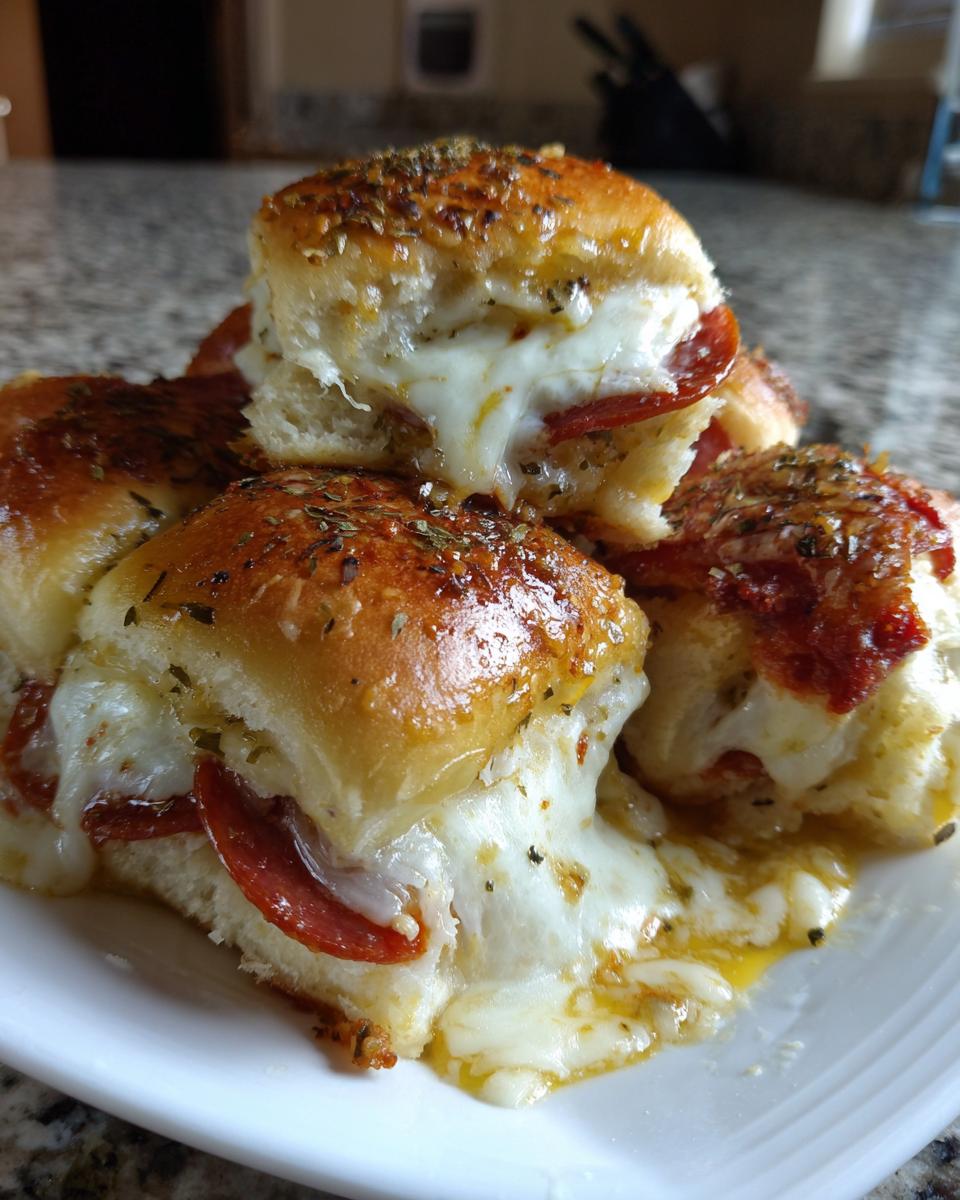 Close-up of gooey, cheesy pizza sliders stacked on a white plate, drizzled with garlic butter and herbs.