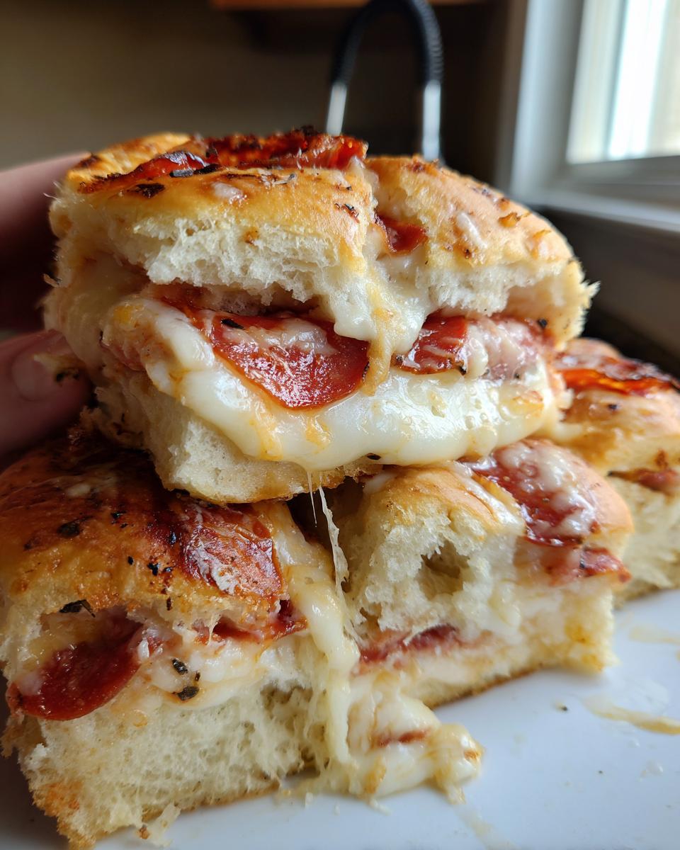 Close-up of gooey, cheesy pizza sliders stacked, showing melted mozzarella and pepperoni.
