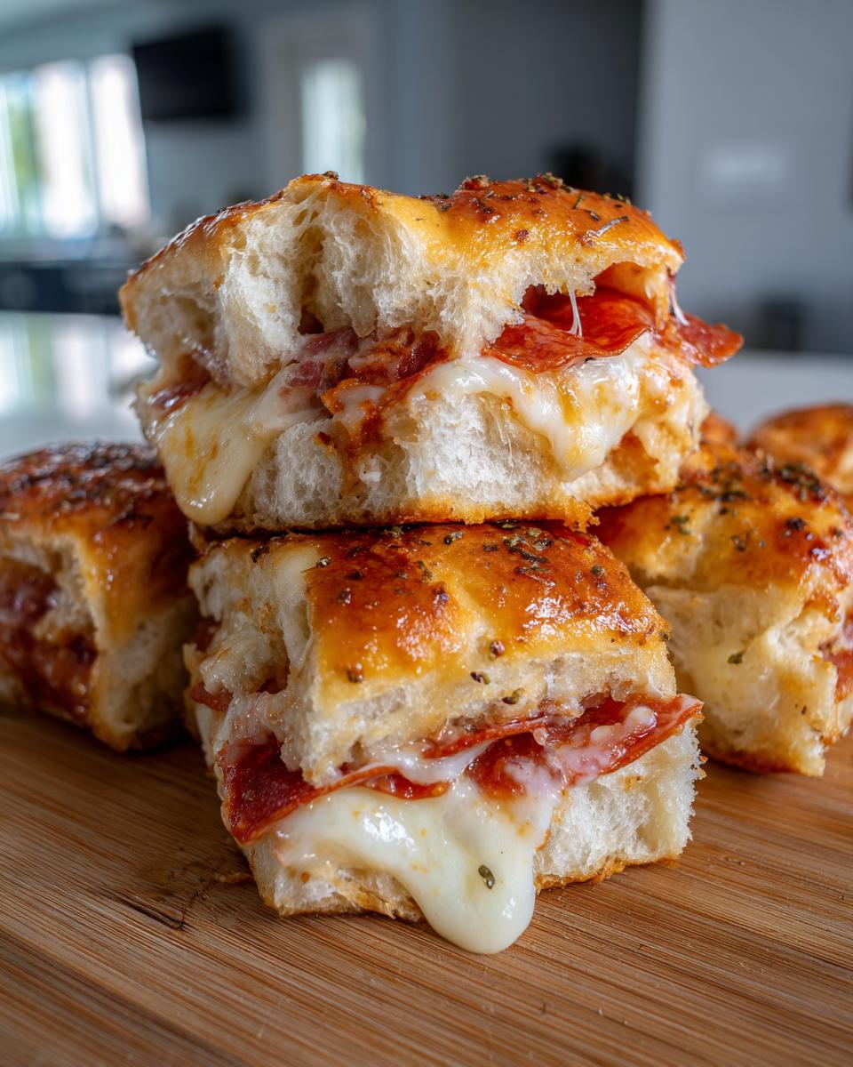 Close-up of gooey, cheesy pizza sliders stacked, featuring pepperoni and a shiny garlic butter crust.
