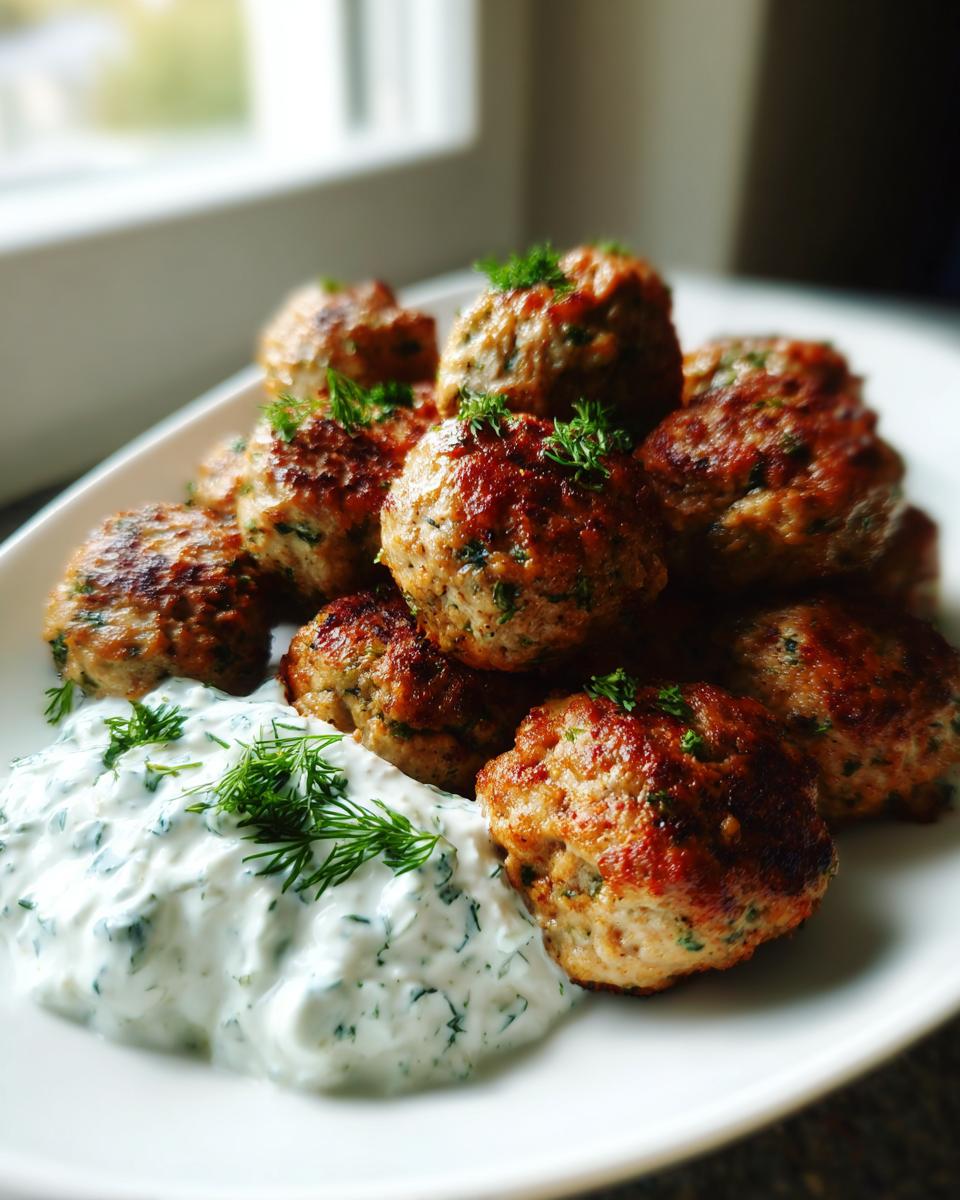 A plate of golden-brown greek chicken meatballs garnished with dill, served next to a dollop of creamy tzatziki sauce.