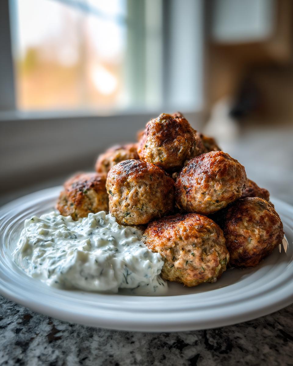 A pile of browned greek chicken meatballs served with a dollop of creamy tzatziki sauce on a white plate.