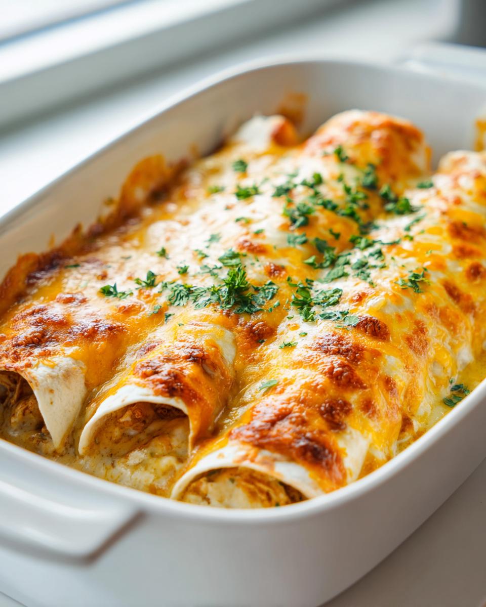 Close-up of baked green chile chicken enchiladas covered in bubbly, melted orange cheese and fresh parsley.