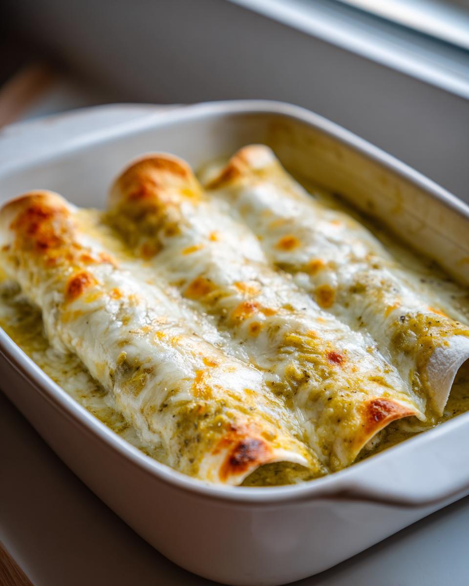 Close-up of three baked green chile chicken enchiladas covered in melted, bubbly cheese in a white casserole dish.