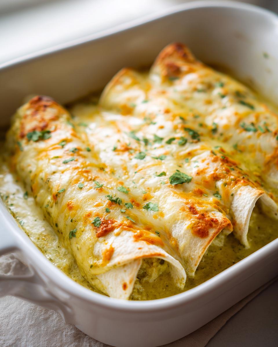 Close-up of three baked green chile chicken enchiladas covered in melted, bubbly cheese.