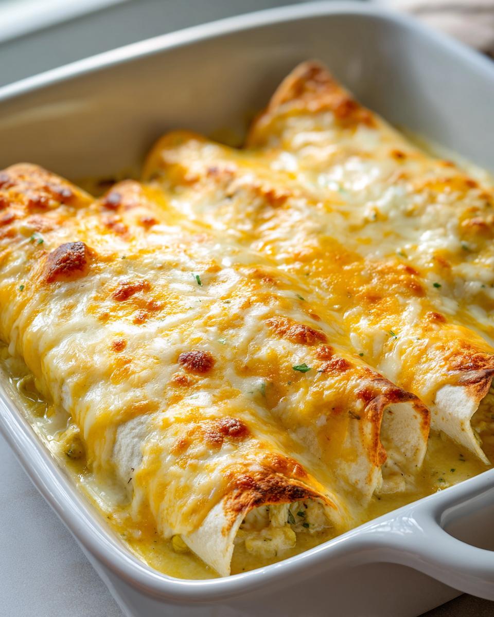 Close-up of three baked green chile chicken enchiladas covered in melted, bubbly yellow and white cheese.