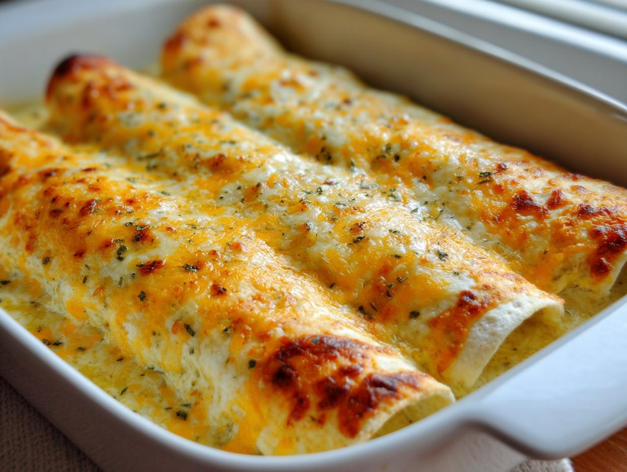 Close-up of three baked green chile chicken enchiladas covered in melted, bubbly cheddar and Monterey Jack cheese.