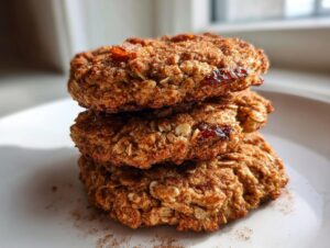 Three stacked, rustic breakfast cookies heavily dusted with cinnamon, featuring visible oats and dried fruit.