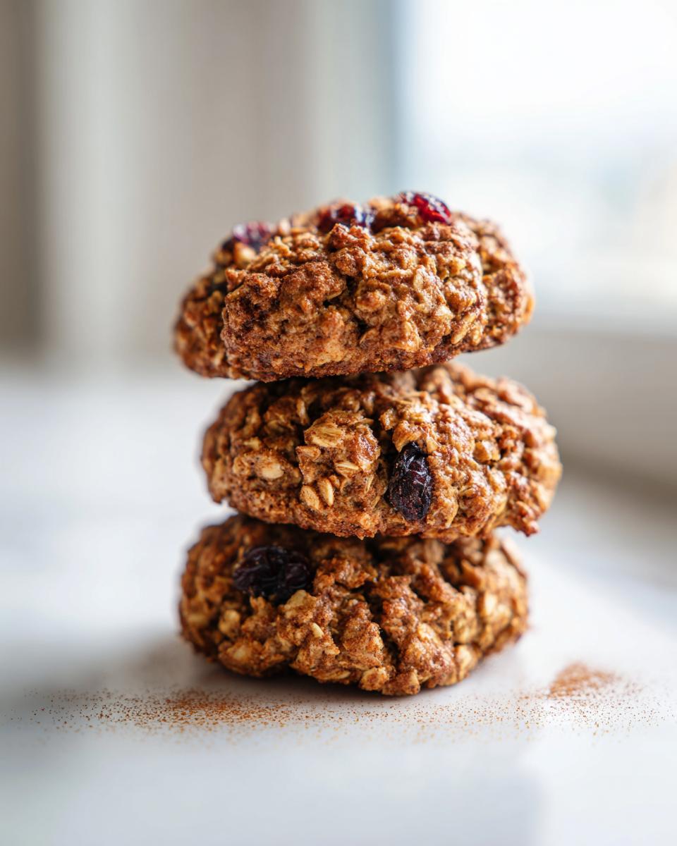 Three stacked, hearty breakfast cookies made with oats and dried fruit, sprinkled with cinnamon.