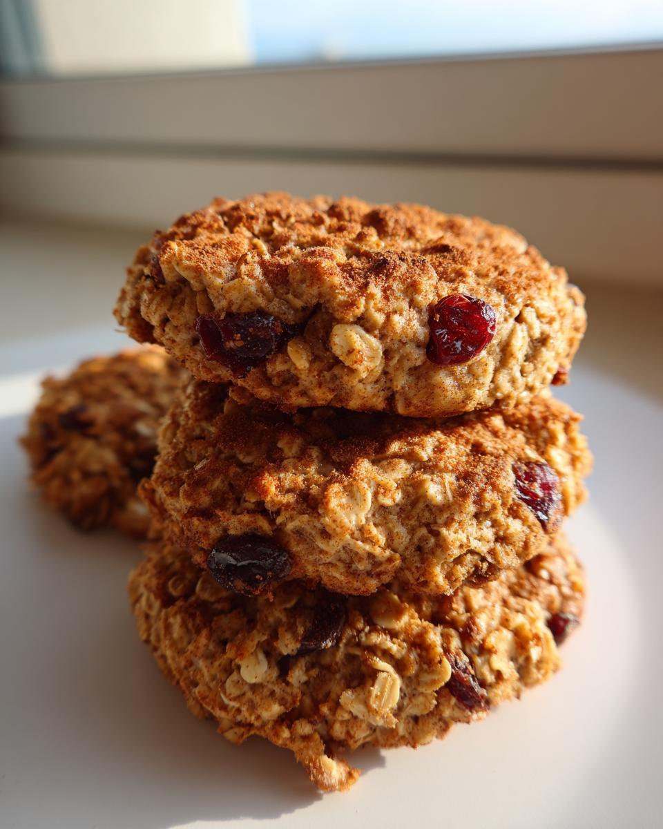 A stack of three homemade, oatmeal-based breakfast cookies studded with dried cranberries and dusted with cinnamon.
