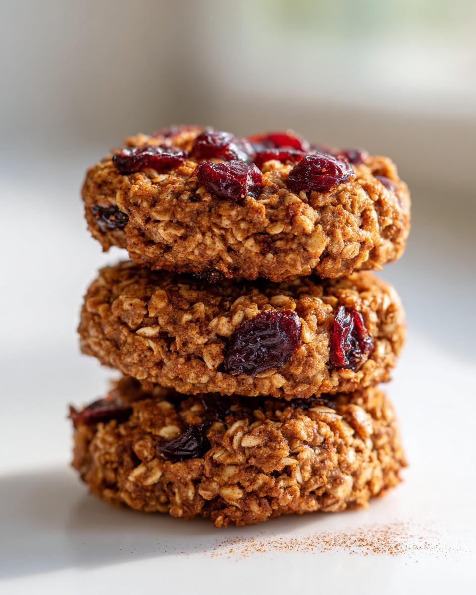 A stack of three hearty, oatmeal-based breakfast cookies topped with dried cranberries.