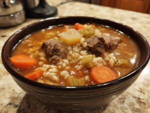 Close-up of a dark bowl filled with rich beef barley soup, featuring chunks of beef, carrots, celery, and barley.