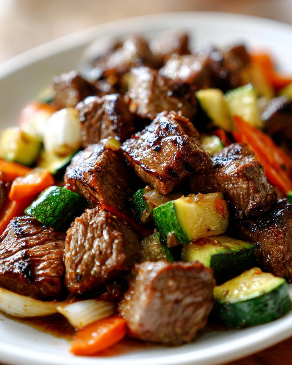 Close-up of perfectly seared, cubed hibachi steak mixed with grilled zucchini, carrots, and onions.