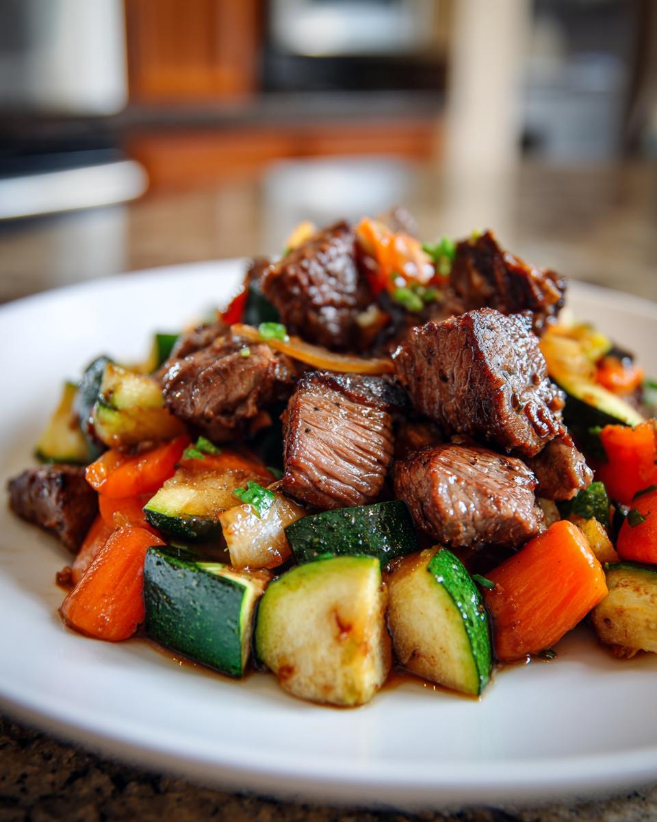 Close-up of perfectly cooked hibachi steak cubes served over sautéed zucchini and carrots on a white plate.