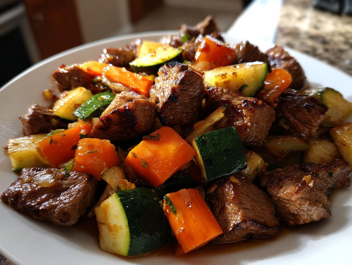 Close-up of perfectly cooked hibachi steak cubes mixed with vibrant zucchini and carrots on a white plate.