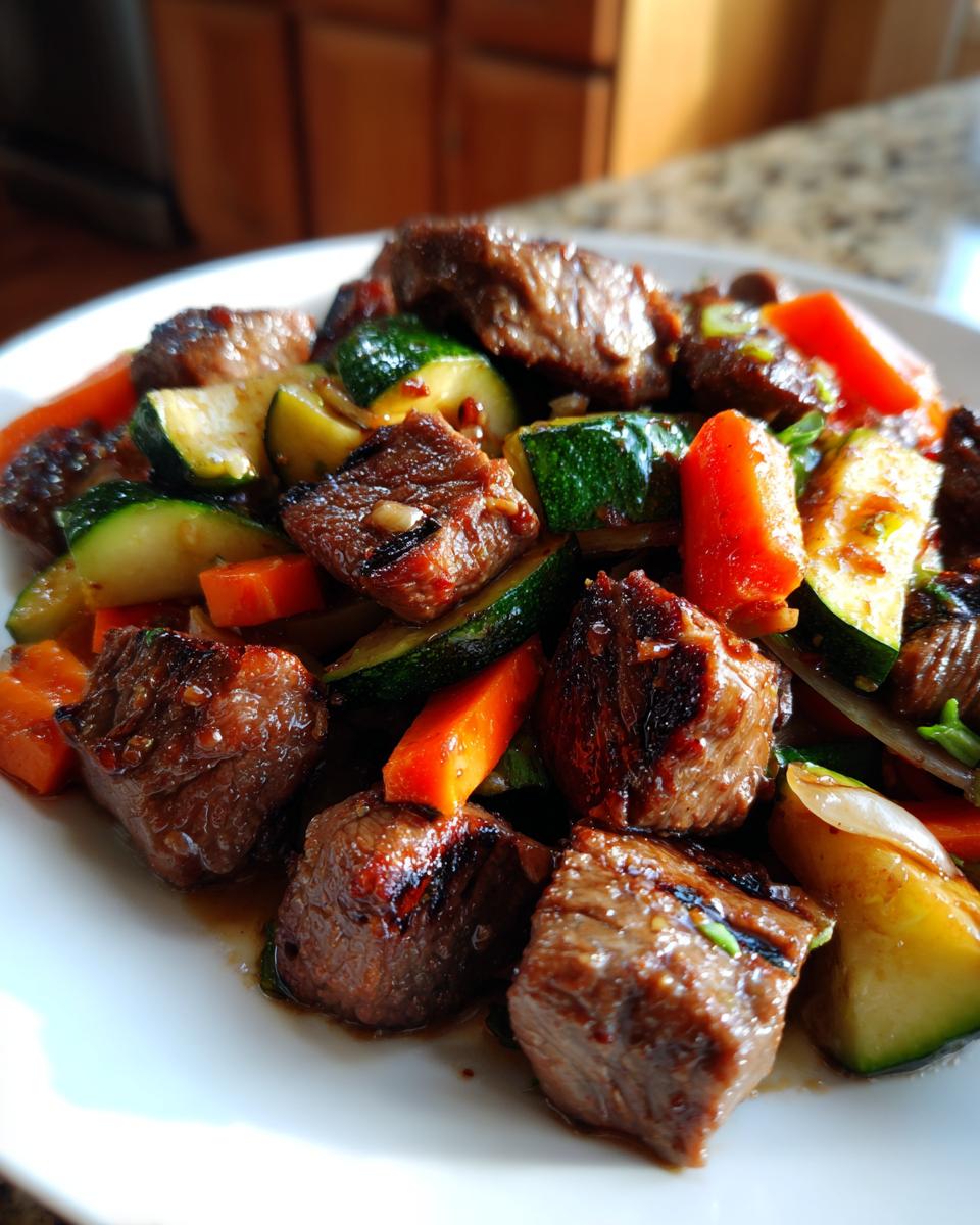 Close-up of perfectly seared hibachi steak cubes mixed with vibrant zucchini and carrots on a white plate.