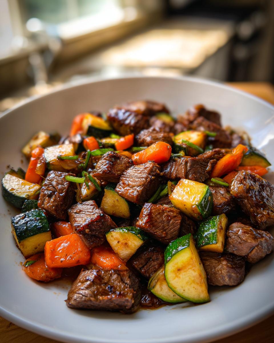 Close-up of cubed hibachi steak mixed with sautéed zucchini and carrots in a white bowl.