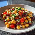 A close-up of a vibrant, high protein bean salad featuring chickpeas, kidney beans, cherry tomatoes, feta cheese, and parsley.