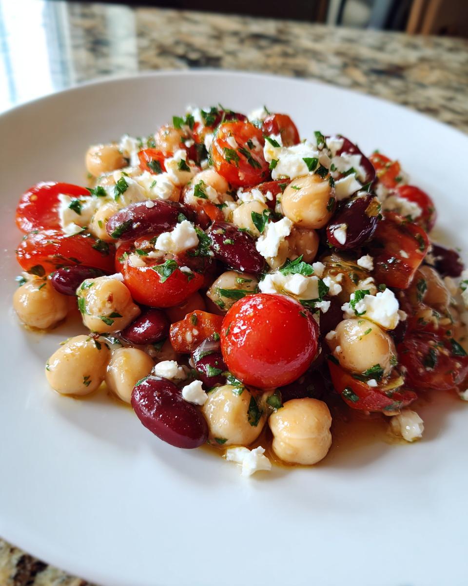 A vibrant close-up of a fresh bean salad featuring chickpeas, red kidney beans, cherry tomatoes, and crumbled feta cheese.