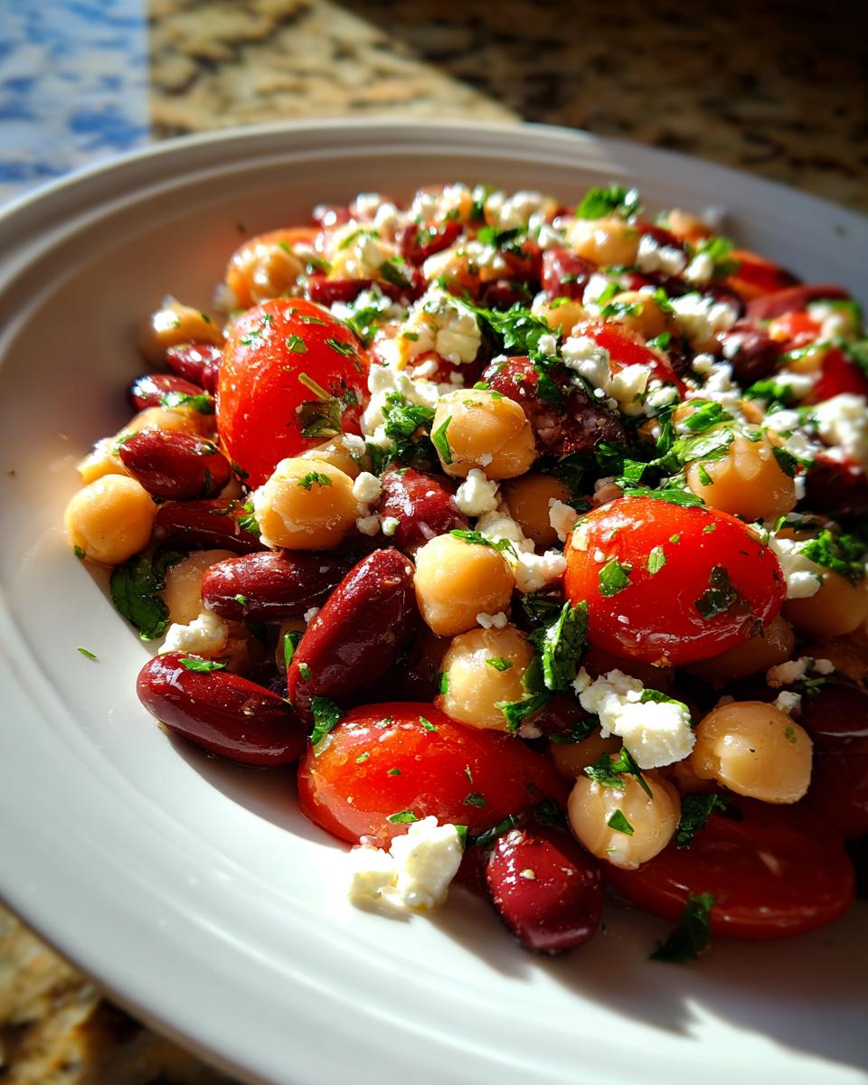 Close-up of a vibrant bean salad featuring kidney beans, chickpeas, cherry tomatoes, feta cheese, and parsley.