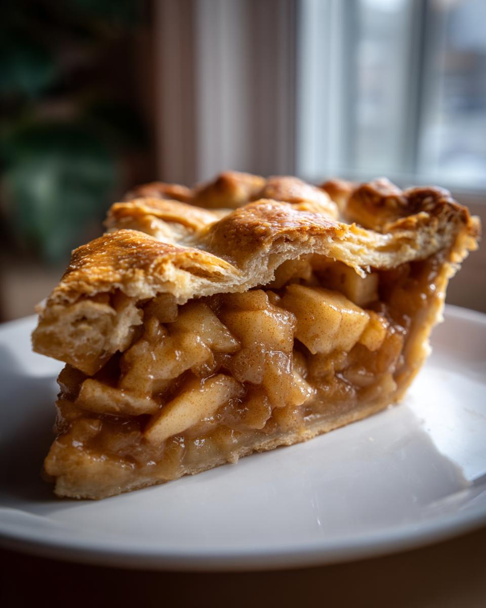 A close-up of a thick slice of homemade apple pie showing chunky, spiced apple filling and a golden, flaky crust.