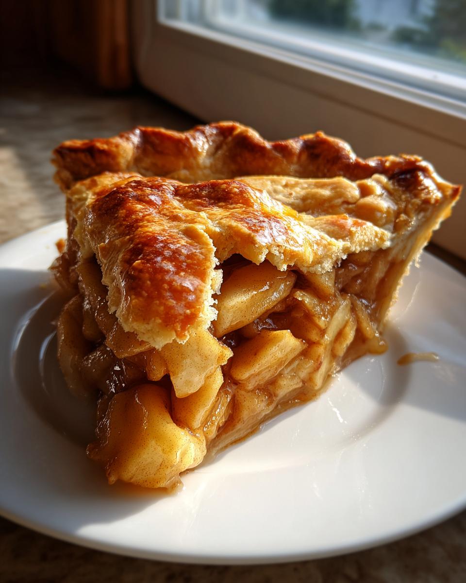 A close-up of a thick slice of homemade apple pie showing chunky, spiced filling and a flaky, golden-brown crust.