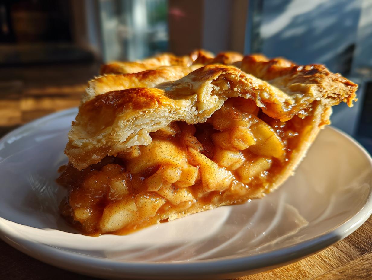 A close-up of a thick slice of homemade apple pie showing flaky crust and rich, cinnamon-spiced apple filling.