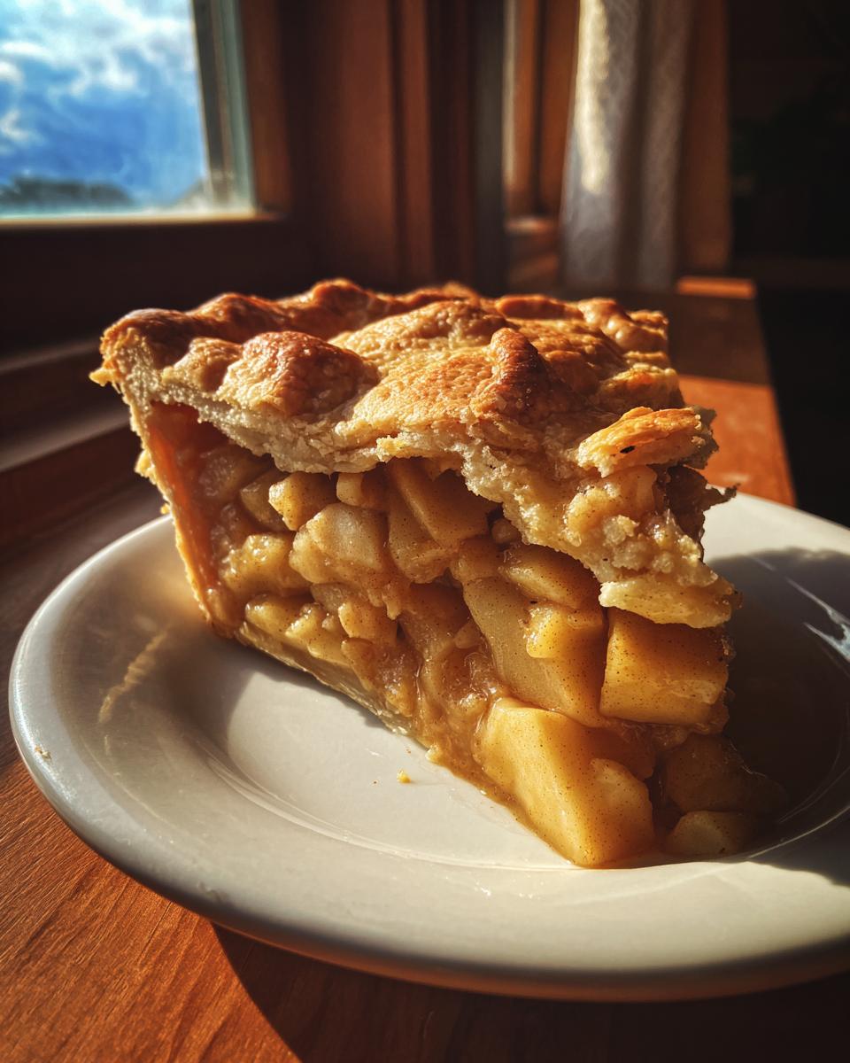 A thick slice of homemade apple pie showing chunky spiced apples and a golden, flaky crust.