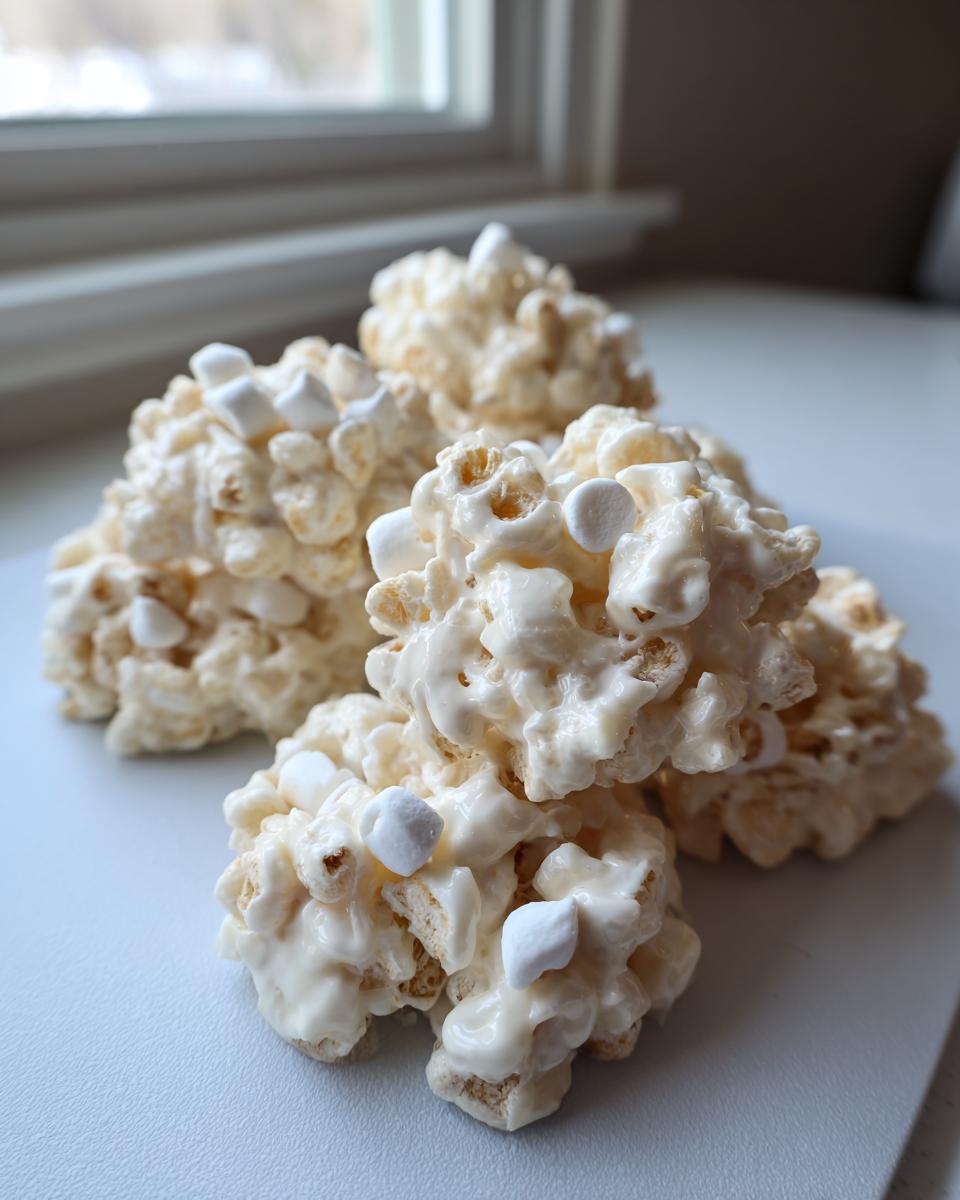 A pile of white chocolate covered avalanche cookies mixed with cereal and mini marshmallows.