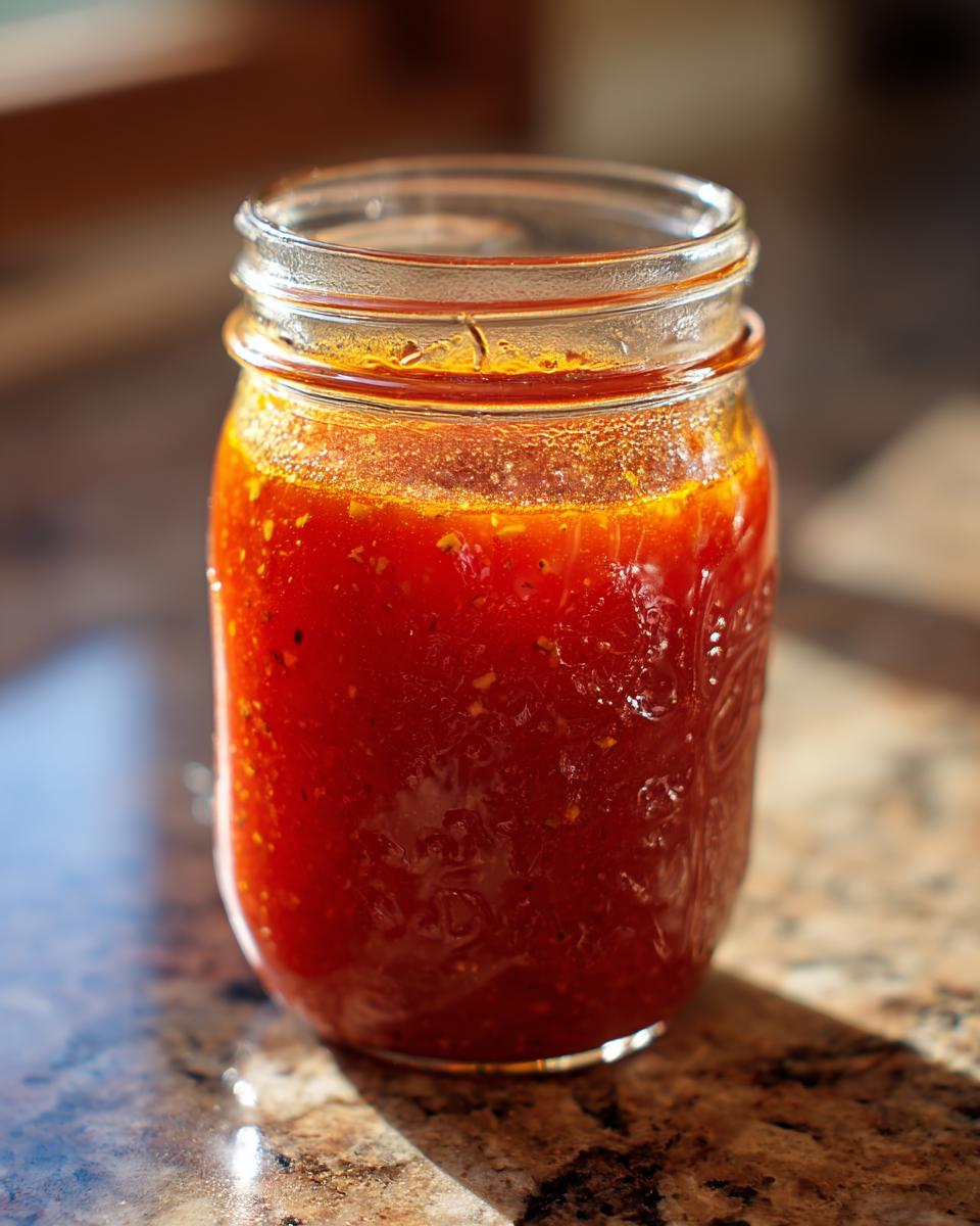 A vibrant, thick red salad dressing stored in a clear glass mason jar, ready for use.