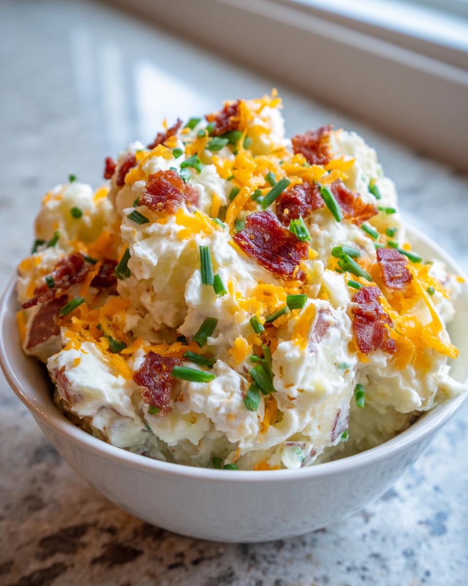 A white bowl filled with creamy baked potato salad, topped with shredded cheddar cheese, bacon bits, and fresh chives.