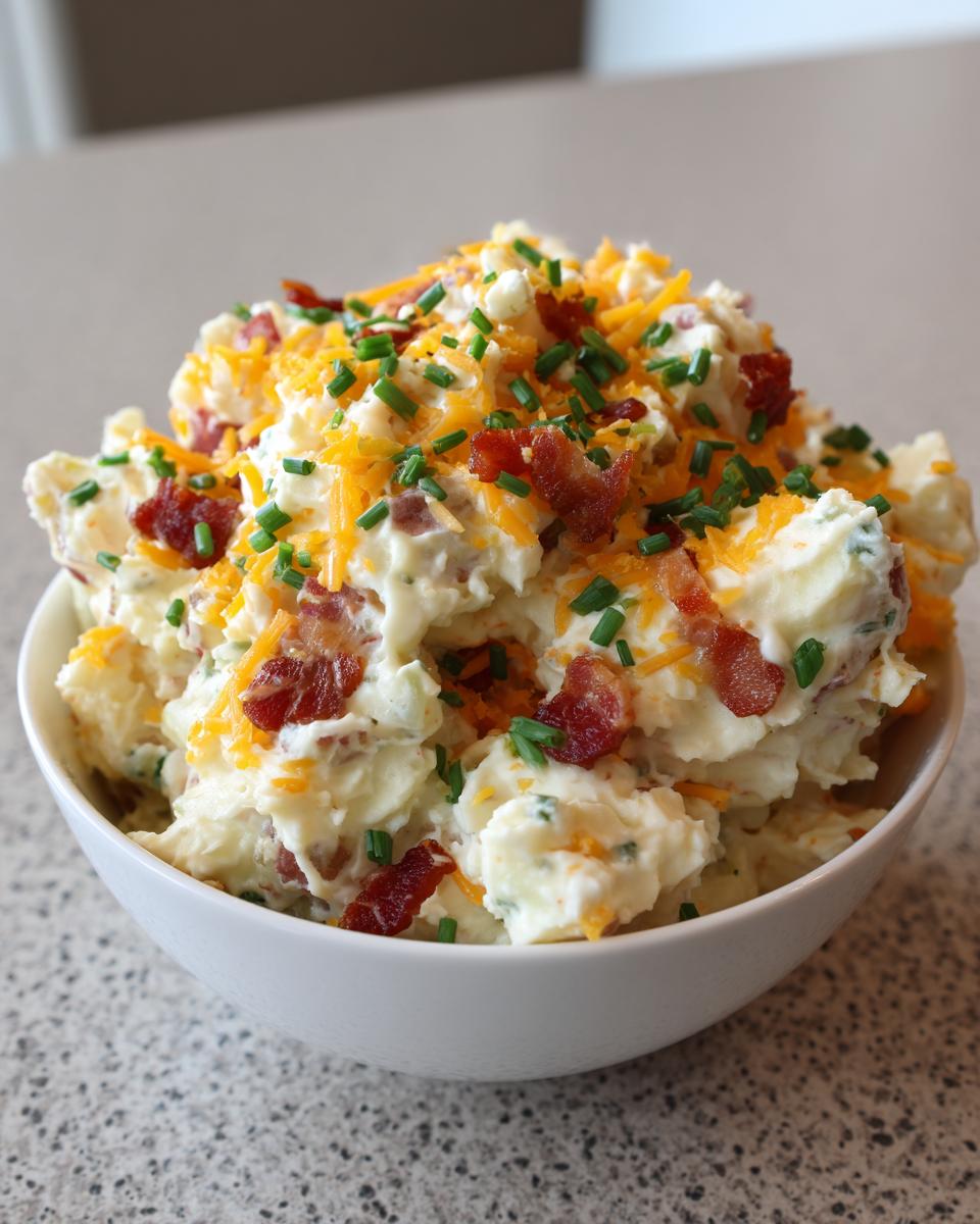 A generous serving of creamy baked potato salad topped with shredded cheddar cheese, bacon bits, and fresh chives.