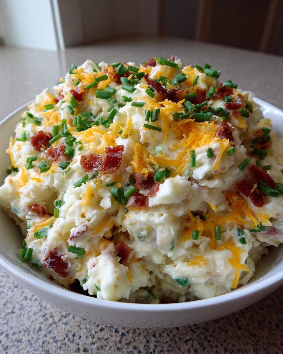 A close-up of creamy baked potato salad topped with shredded cheddar cheese, bacon bits, and fresh chives.