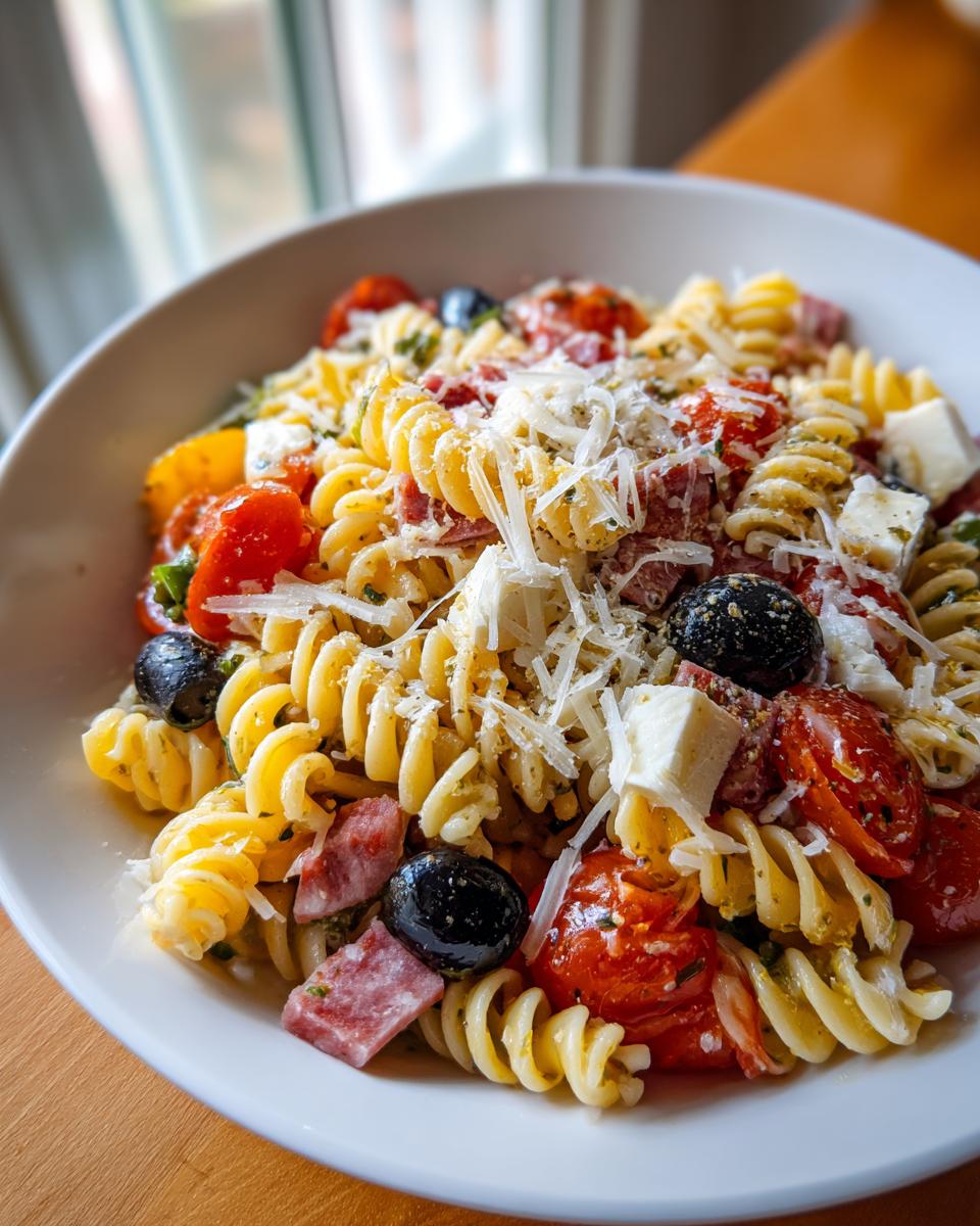 Close-up of a bowl filled with vibrant italian pasta salad featuring rotini, olives, tomatoes, and cheese.
