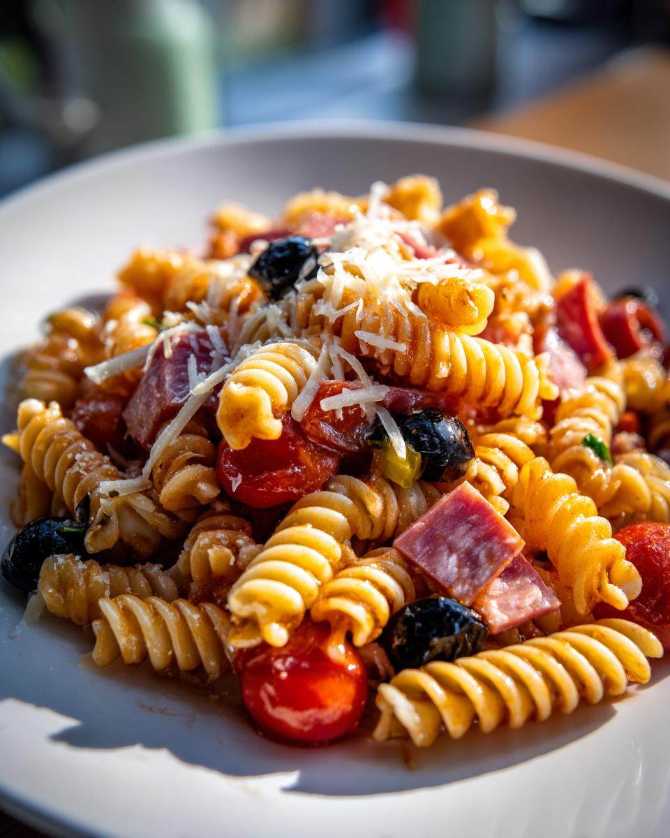 A close-up of a serving of italian pasta salad featuring rotini pasta, cherry tomatoes, black olives, salami chunks, and grated cheese.