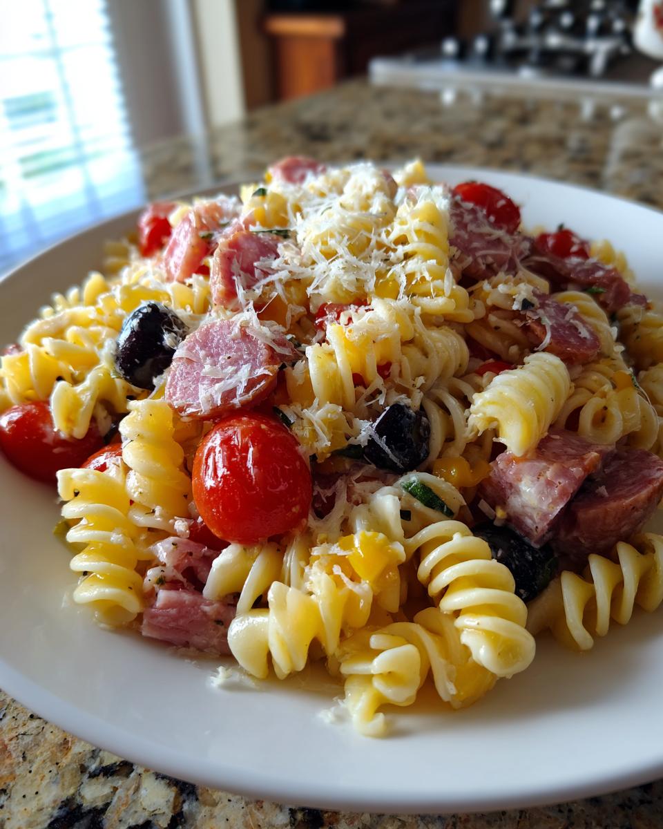 Close-up of a plate piled high with Italian pasta salad featuring rotini, cherry tomatoes, olives, salami chunks, and grated cheese.