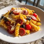 A close-up of a white bowl filled with vibrant italian pasta salad featuring rotini, pepperoni, olives, and cheese.