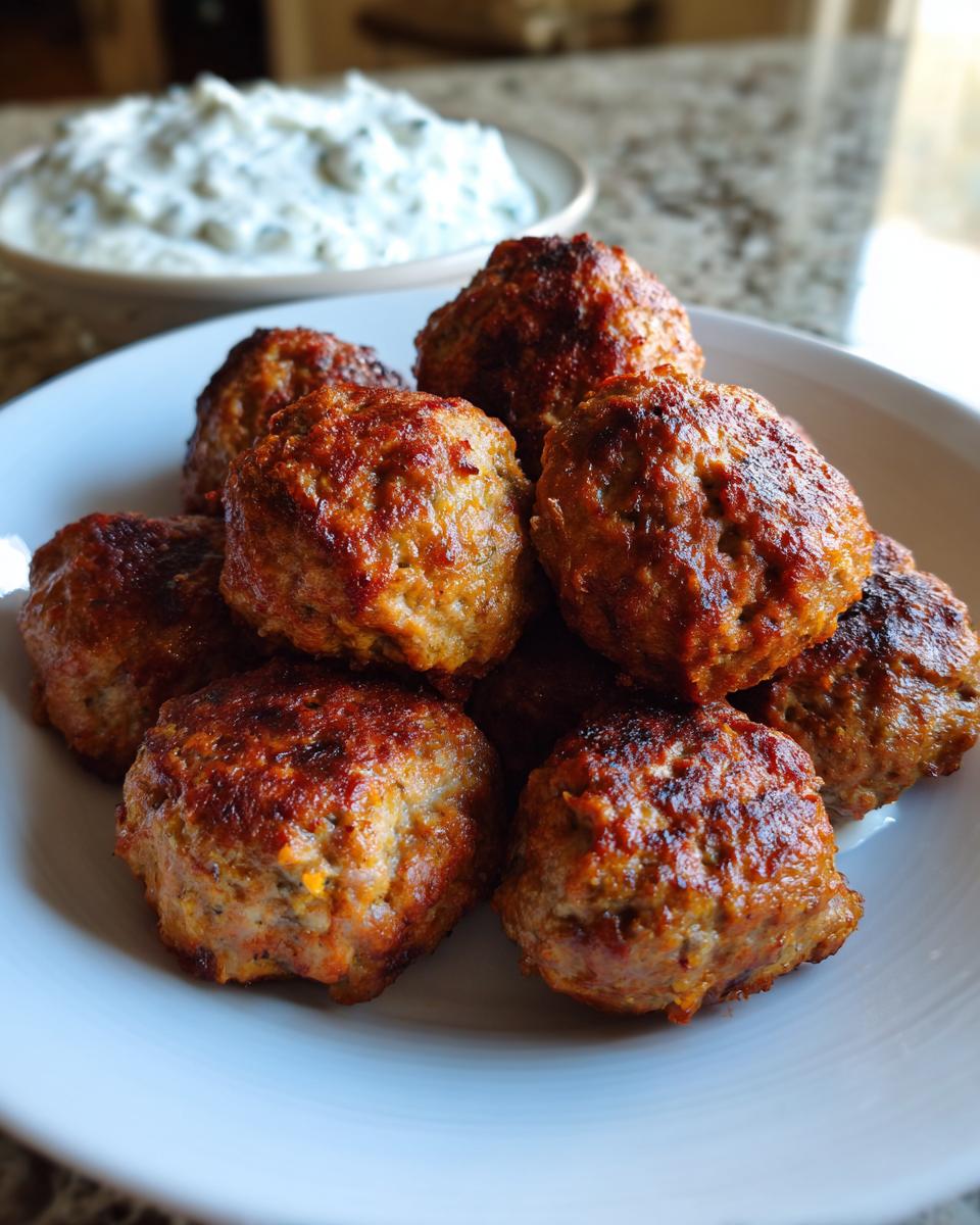 A pile of perfectly browned, juicy greek chicken meatballs served on a white plate with tzatziki sauce blurred in the background.
