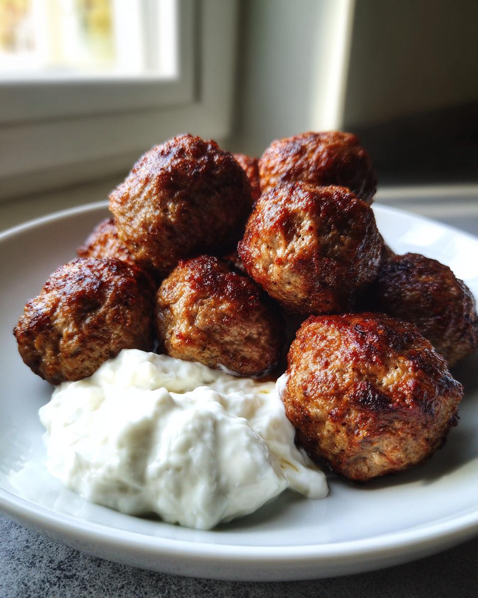 A white bowl filled with perfectly browned greek chicken meatballs served over a dollop of creamy white sauce.