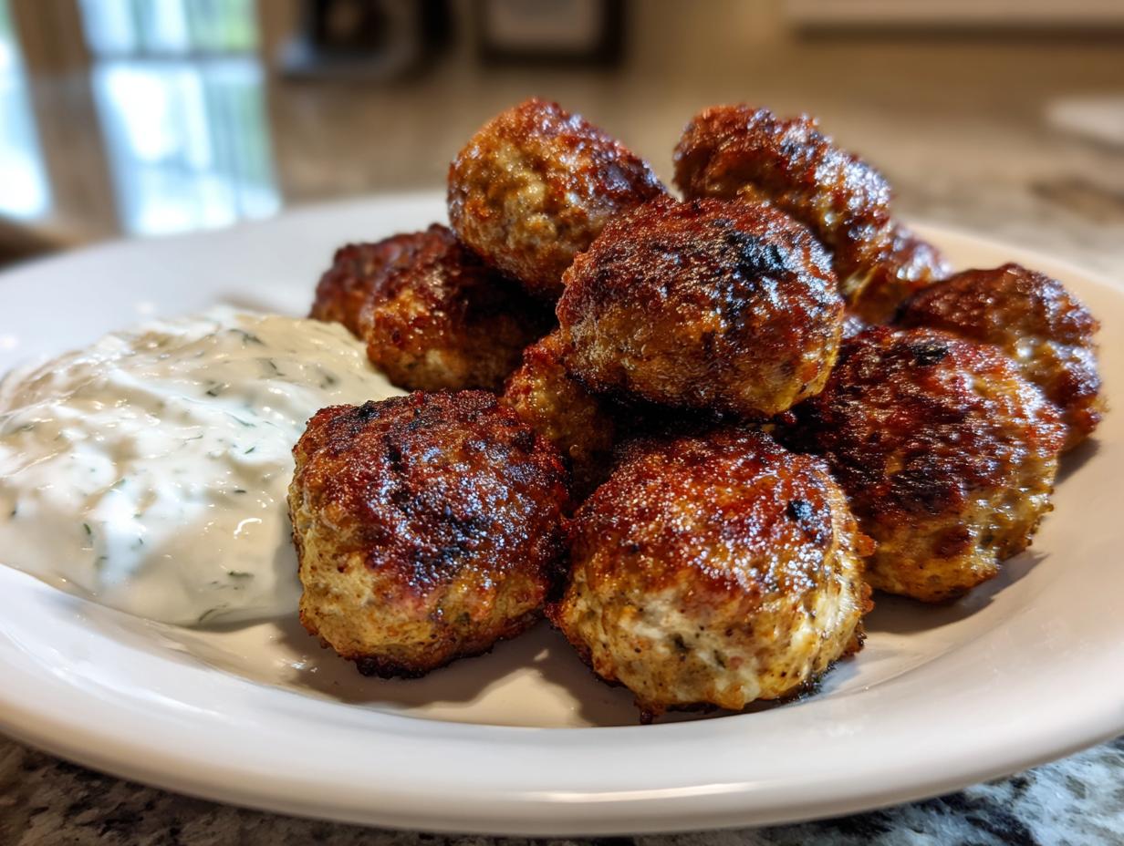 A pile of perfectly browned greek chicken meatballs served next to a dollop of creamy tzatziki sauce on a white plate.