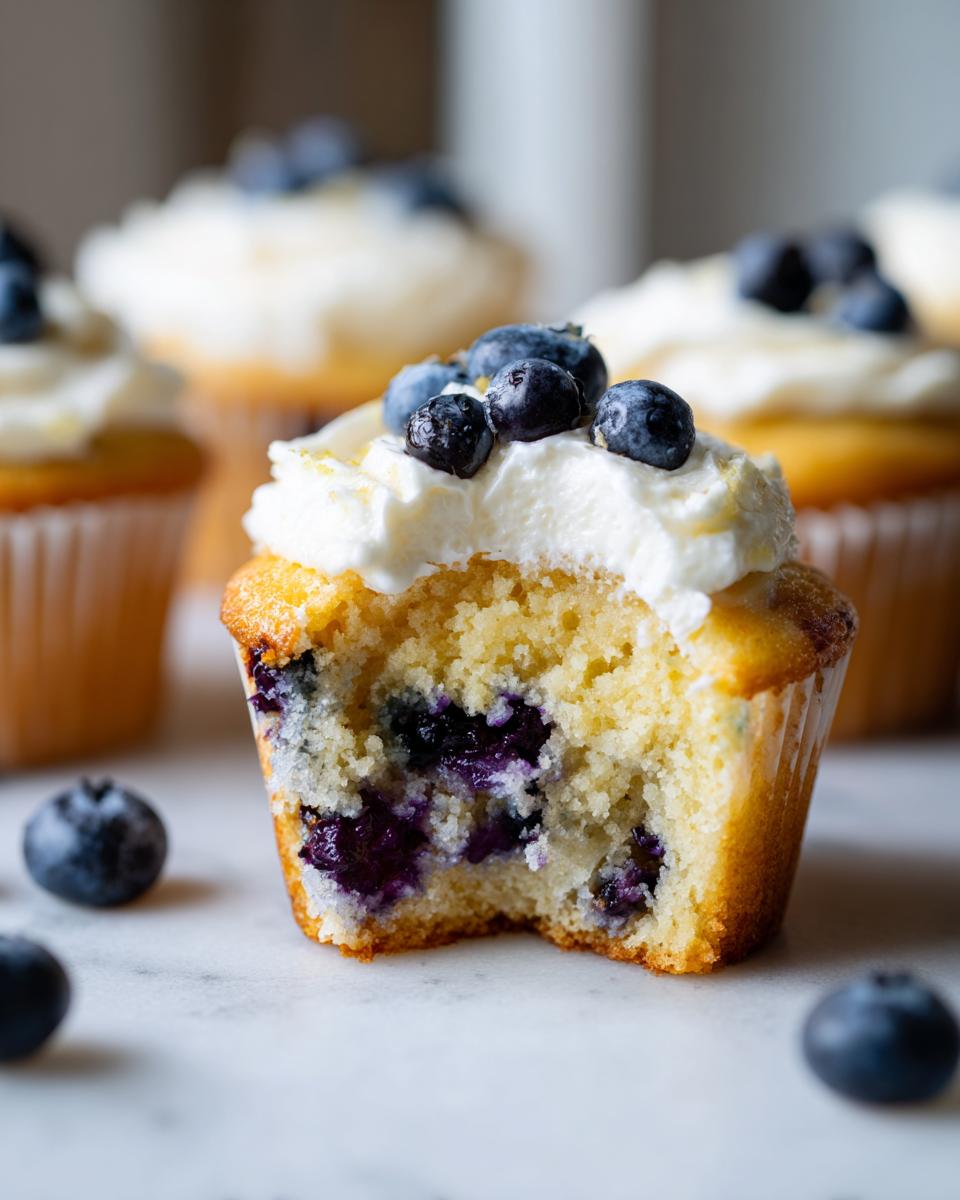 Close-up of a lemon blueberry cupcake with a bite taken out, showing moist cake and blueberries, topped with white frosting.