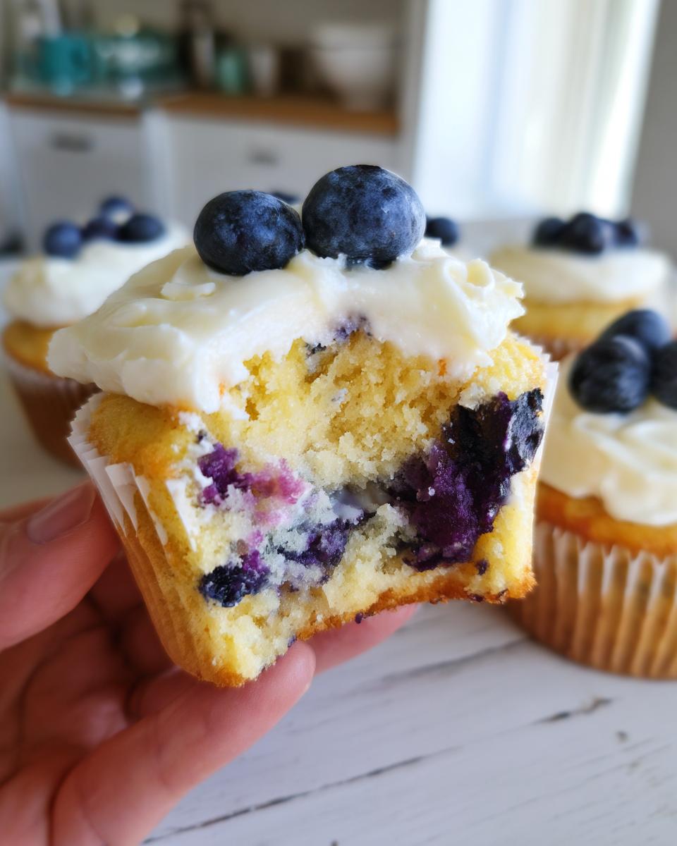 A hand holding a lemon blueberry cupcake cut in half, showing moist cake and burst blueberries, topped with white frosting and fresh blueberries.