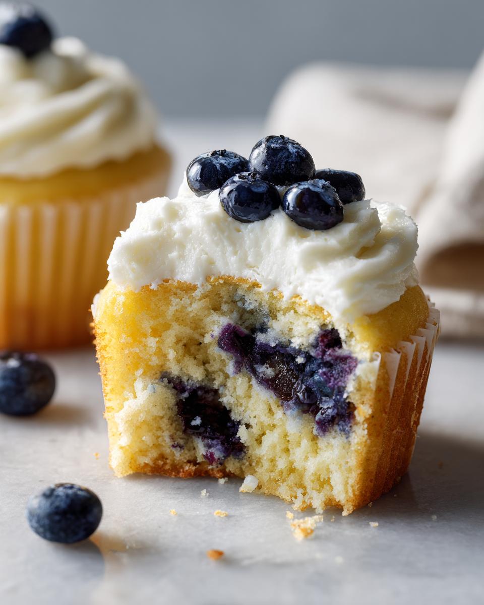 A lemon blueberry cupcake cut in half showing moist cake and blueberries, topped with white frosting and fresh blueberries.