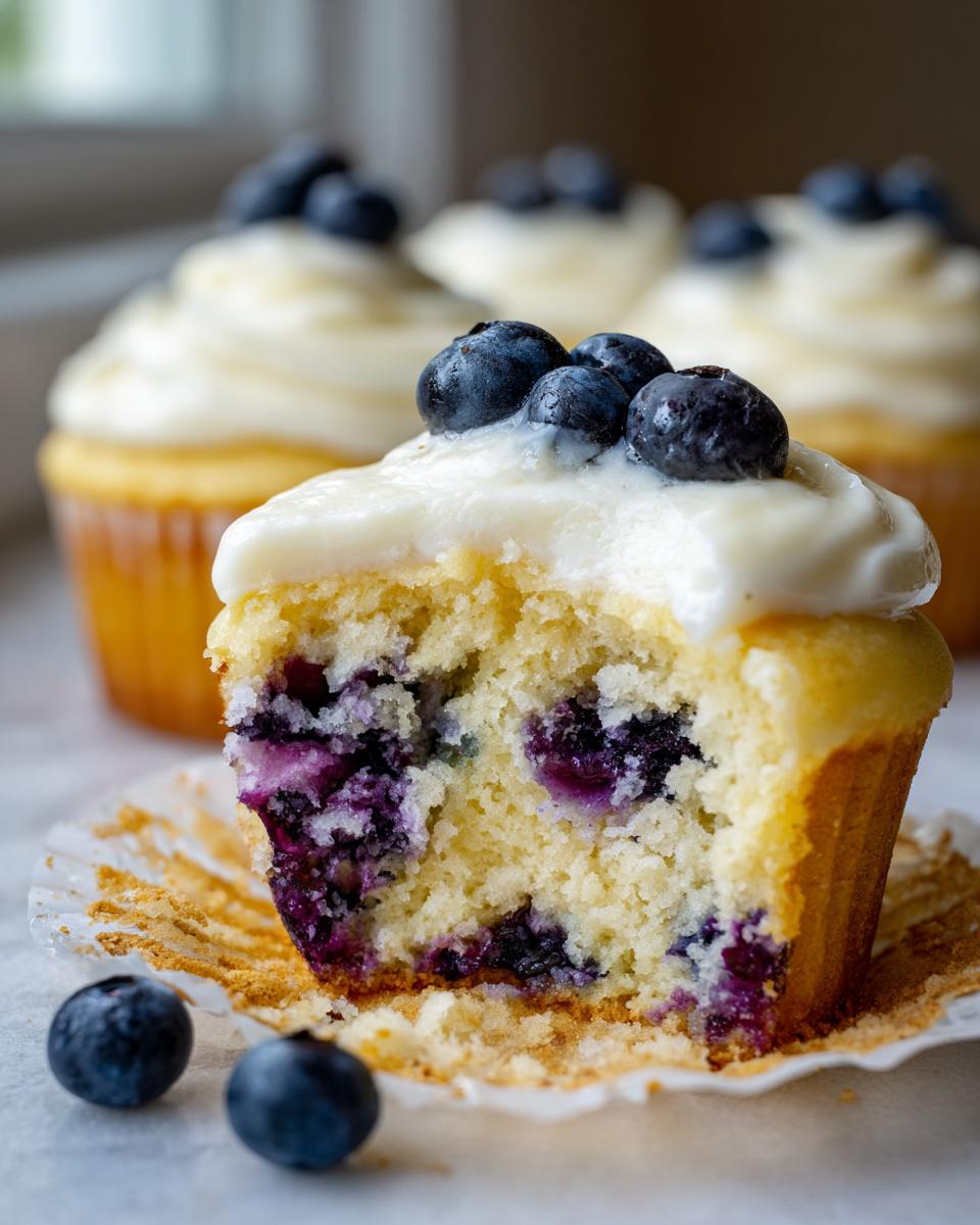Close-up of a lemon blueberry cupcake cut in half showing moist cake and burst blueberries, topped with white frosting and fresh blueberries.