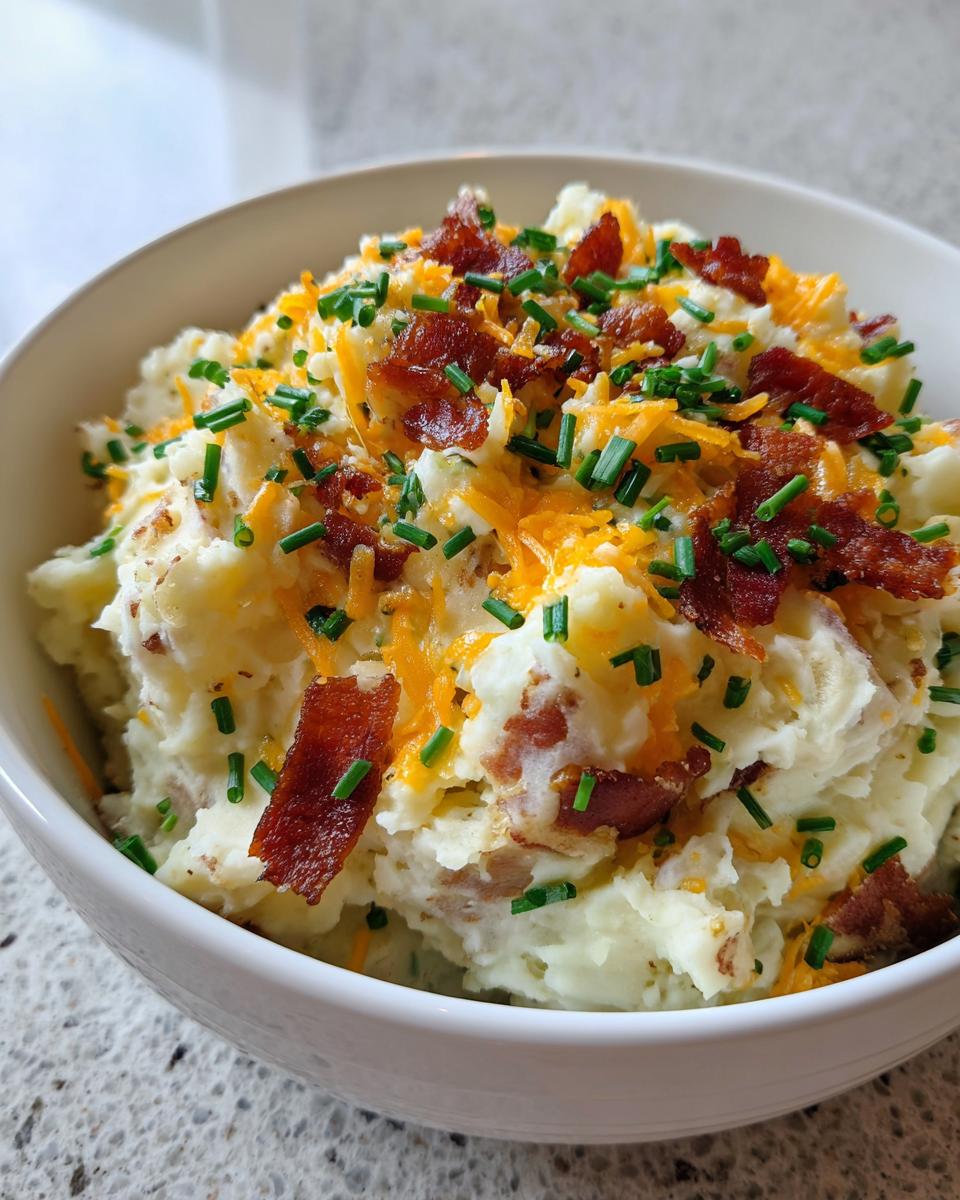 Close-up of a white bowl filled with creamy baked potato salad topped with shredded cheddar cheese, bacon bits, and fresh chives.