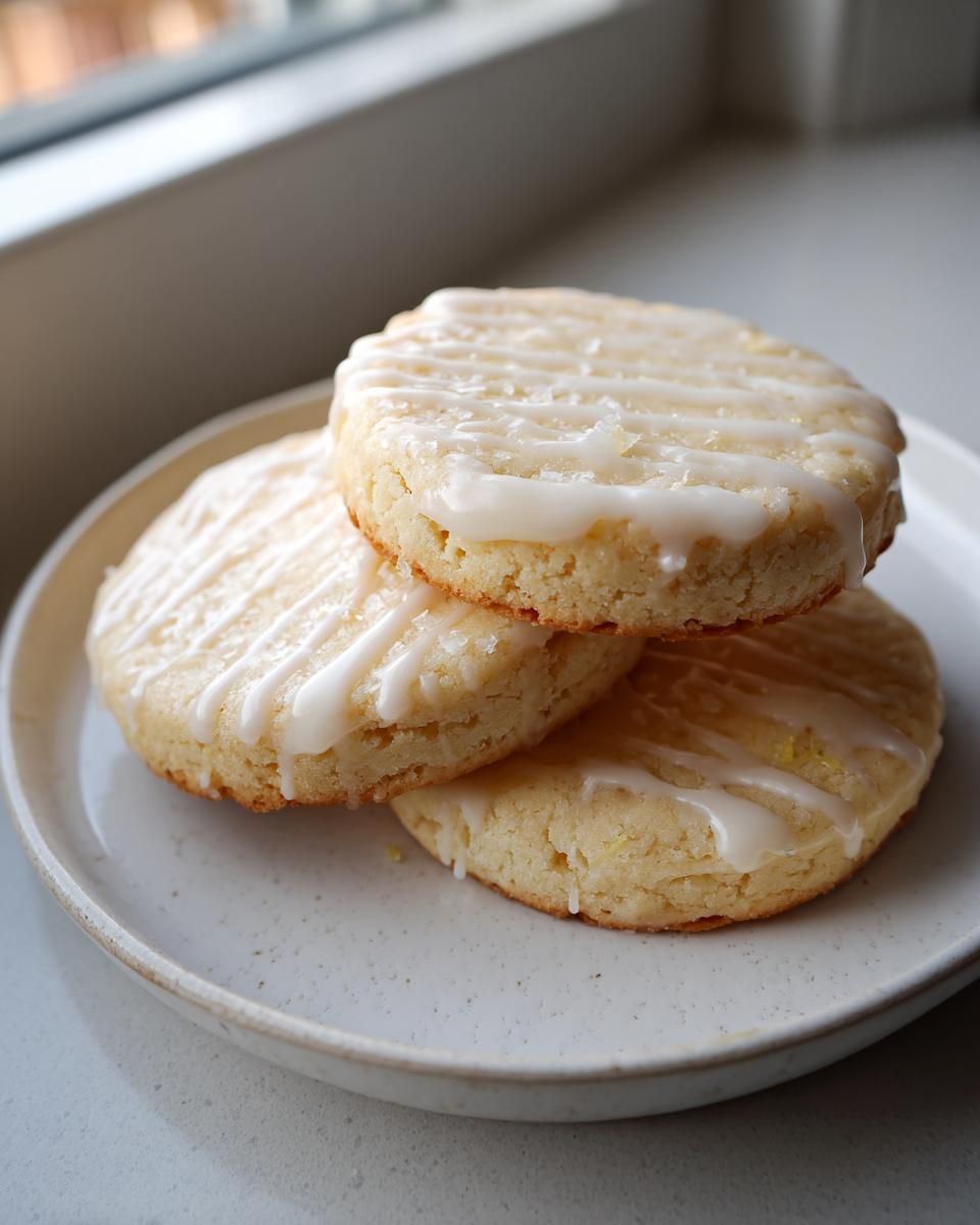 Three stacked, round london fog cookies drizzled with white icing, sitting on a speckled ceramic plate.
